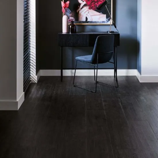 Distressed wood flooring adds vintage charm