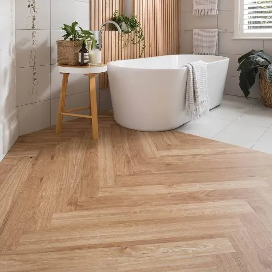 Herringbone wood floor pattern creates a unique design