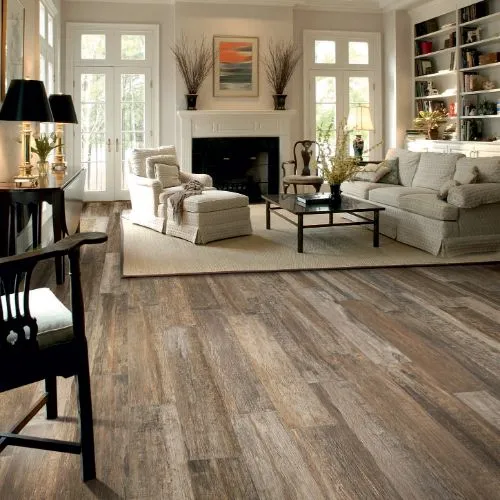 High-gloss vinyl flooring in a sleek, modern living room