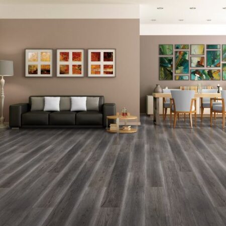 Glossy laminate flooring in a contemporary dining room