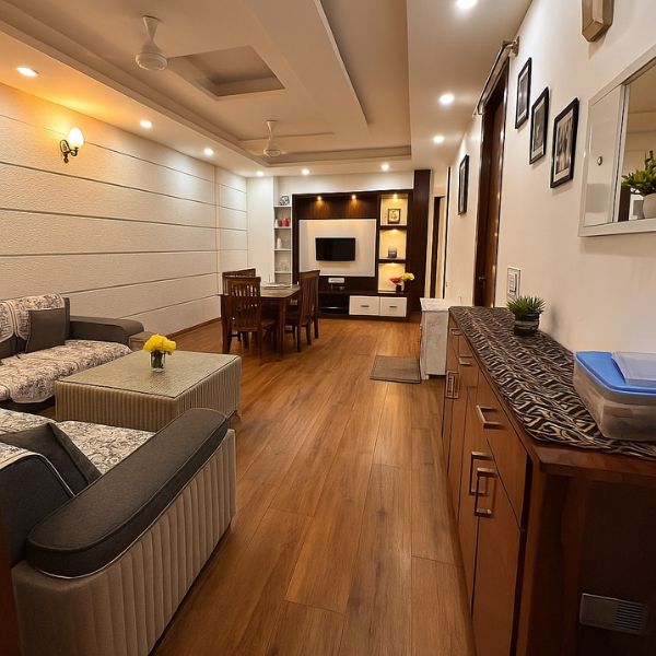 Wooden flooring in living room and dining room